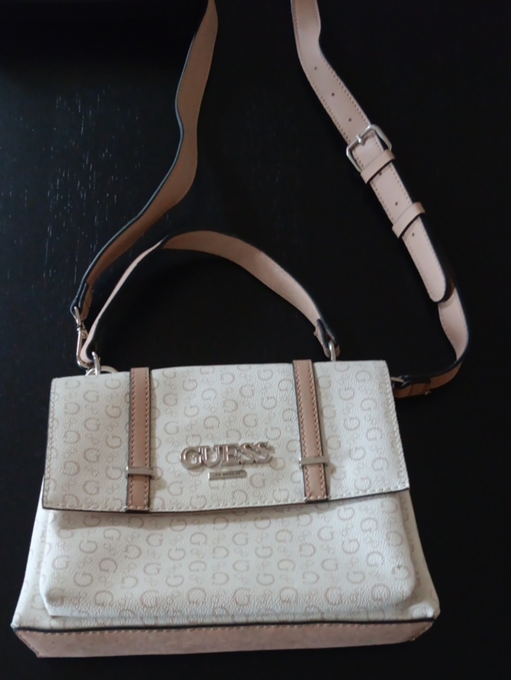 GUESS Cream Crossbody Bag with Tan Trim and Logo Hardware
